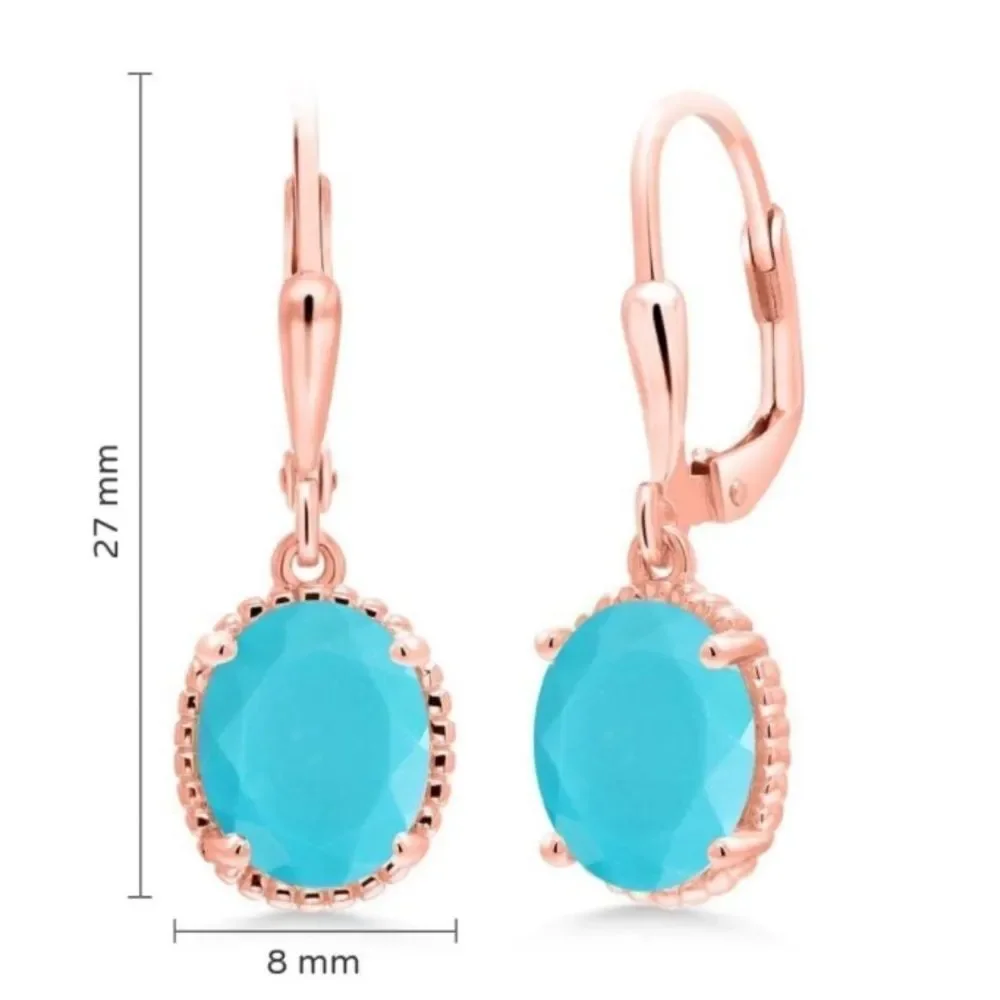 18K Rose Gold 925 with 3.00 Cttw Blue Turquoise Oval Leverback Hook Earrings